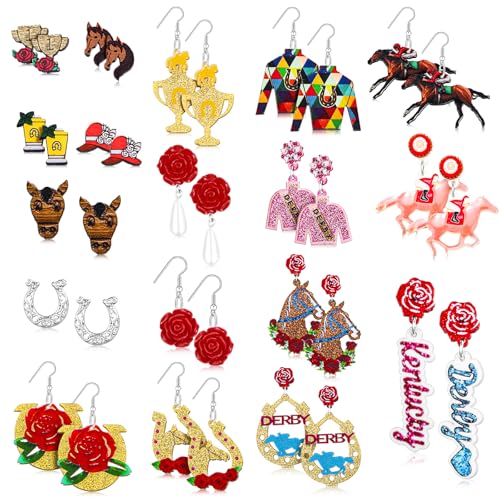 Ecation 16 Pairs Derby Race Horse Earrings Funny Riding Horse Earrings for Women Rose Horseshoe Racing Gifts Derby Jewelry