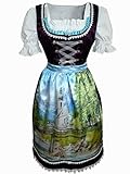 Damen-Dirndl Di02 midi Gr.42, 3 TLG. Trachten-Kleid schwarz mit Motiv, Dirndel-Bluse u. -Schürze für Oktober-Fest