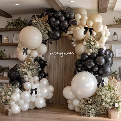 Image of Black White Balloon Arch, Double Stuffed Pearl White Black Bow Balloon Garland Cream Ivory Sand Latex Balloons for Birthday Wedding Bridal Shower Engagement New Year Party Decorations