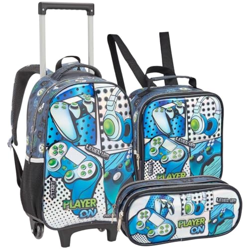 Kit Escolar Mochila de Rodinhas, Lancheira Térmica e Estojo Duplo, Tema Gamer, Alça Telescópica, Material Reforçado, Infantil P/Meninos (Kit Material Escolar Player On)