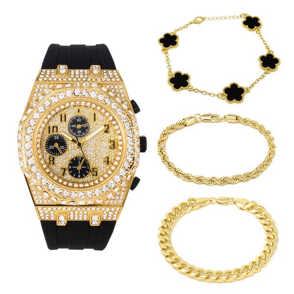 ICE STAR Mens 43mm Iced Diamond Octagon Watch & Bracelet Set, Silicone Band - Gold Watch & 3 Bracelet Set