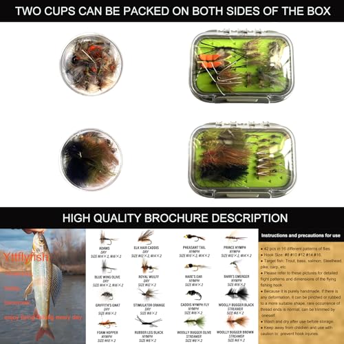 Image of Fly Fishing Flies Assortment Kit, 42 Pieces of Dry, Wet, Nymphs, Streamers, Wooly Buggers, Terrestrials, for Trout Bass Salmon Steelhead, with Silicone Fly Box, Fly Fishermen Gift
