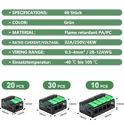 DOMAXWILL 60 Stück Kabelverbinder Kabelklemmen Elektro, Verbindungsklemmen Klemme mit Betätigungshebel, 4mm² Leiter Klemme Lüsterklemmen Verbindungsklemme - Dunkelgrün