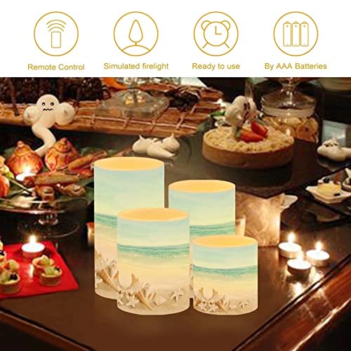 Image of Flickering Flameless LED Pillar Candles with 18-Key Remote Battery Operated Color Changing Tea Lights Fake Candles, Set of 4, Beach Starfish Blue