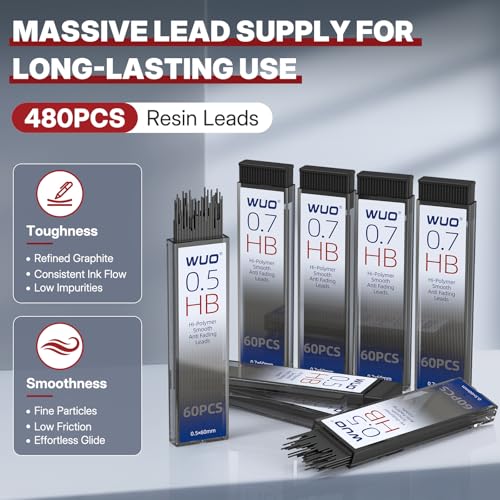 Image of WUO 0.5&0.7mm Metal Mechanical Pencil Set, 8-Pack with Eraser Pen and Case