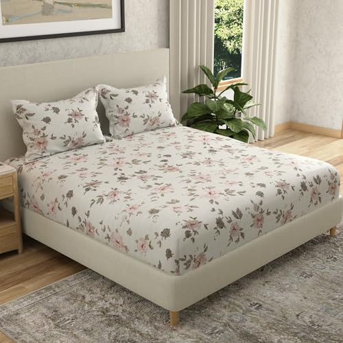Image of Huesland by Ahmedabad Cotton 144 TC Cotton Bedsheet for Double Bed King Size with 2 Pillow Covers | White, Dusty Rose & Dull Brown