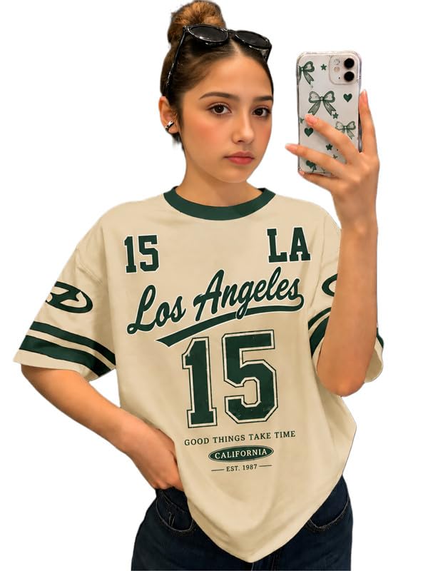 Image of KSHS Cotton Oversized T-Shirt for Women, Printed Loose Fit Womens Tshirt, Soft Cotton Fabric, Round Neck Half Sleeve Casual Top, Aesthetic Drop Shoulder Style Tee