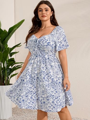 Image of RWJ Women Plus Size Summer Dress Short Sleeve Tie Front Sweetheart Neck Casual Mini Wedding Guest Dresses 2025
