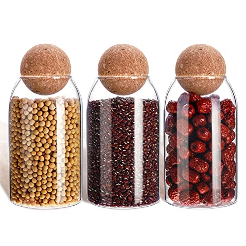 3 Pcs Glass Jar Storage Container with Ball Cork Decorative Round Organizer Bottle Sealed Canister Jar with Airtight Seal Wooden Lid for Food Coffee Bean Candy Biscuits Spice(800 ML/ 27 Oz)