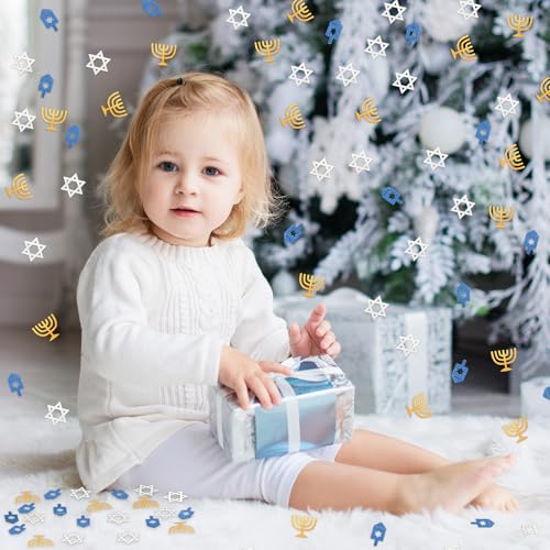 Image of Whaline 300 Pcs Hanukkah Table Confetti Menorah Star Dreidel Shaped Glitter Confetti Blue Gold Silver Table Centerpiece For Chanukah Party Decoration