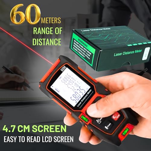 Image of Kwetmo Laser Measuring Device- 60 mtr Laser Distance Meter-Digital Measuring Tape-Distance Measurement Laser Machine with Mute Function Large LCD Backlit, Pythagorean Mode (60 MTR, Black)