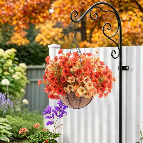 Image of Artificial Fall Flowers Hanging Basket, Fake Mums Planters Outdoor | 4 Set Hanging Flower Basket, Faux Silk Mums, UV Resistant Mums Basket, Look Real, Front Porch Garden Patio Autumn Decor