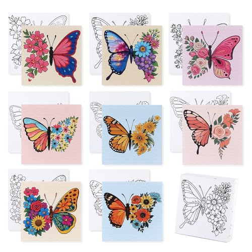 BNG 8er Set Schmetterlings vorgedruckten Malvorlagen Leinwand Premium 20x20cm - Hochwertige Vorbeschriebene Rahmenleinwand für Anfänger, DIY Bastelset für Partygeschenke & Heimdekoration