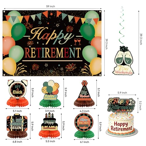 Image of Retirement Party Decorations for Men Women Vintage Happy Retirement Banner Backdrop Balloons Paper Pompoms Honeycomb Centerpiece Cake Topper Hanging Swirl Set