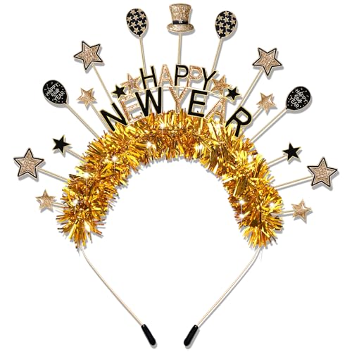 mokkia Happy New Year Headband for Women Girls Glitter Tinsel Star Headbands New Year’s Eve Headband Accessories Party Favors Decorations Holiday Gifts (Black Gold 7)