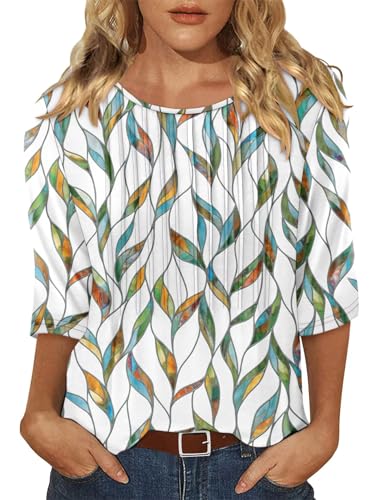 KISSMODA Tunic Tops for Women Loose Fit Dressy Round Neck Pleated 3/4 Length Sleeve Spring Tops
