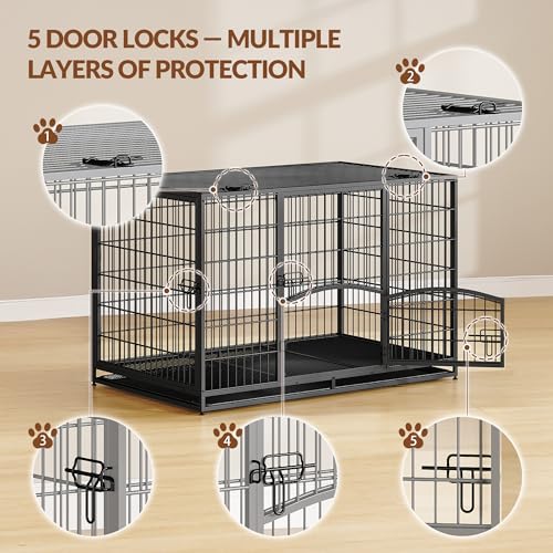 Fobyfurny Hundekäfig Hochbelastbar, XL Gitterbox für Zuhause, 4-Türiger Hundebox Metall mit Seitentür und Herausnehmbares Bodenschale, Leicht zu Reinigen, Haustierkäfig, Schwarz, 107 x 70 x 75 cm