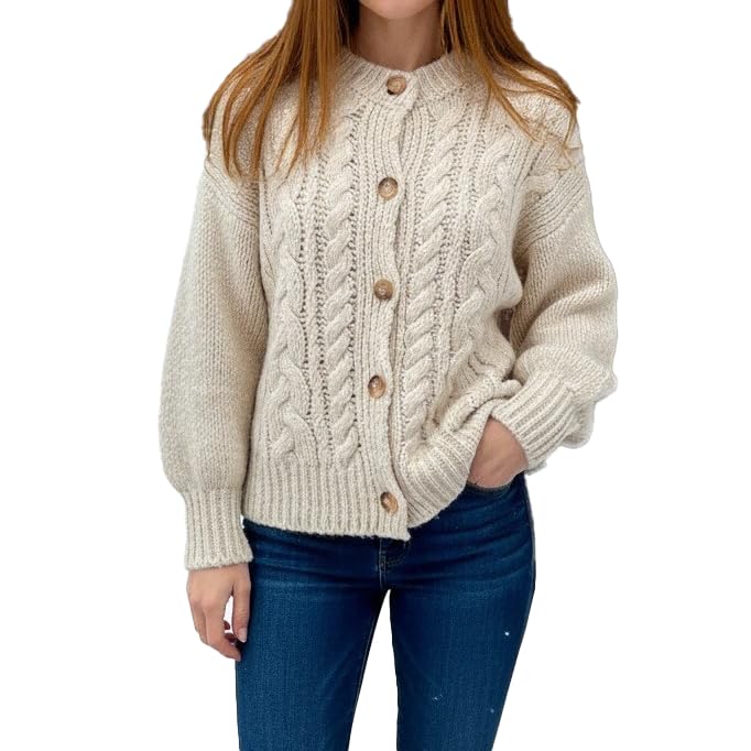 Womens Chunky Cable Knit Cardigan Button Up Long Sleeve Crew Neck Fall Winter Oversized Sweater
