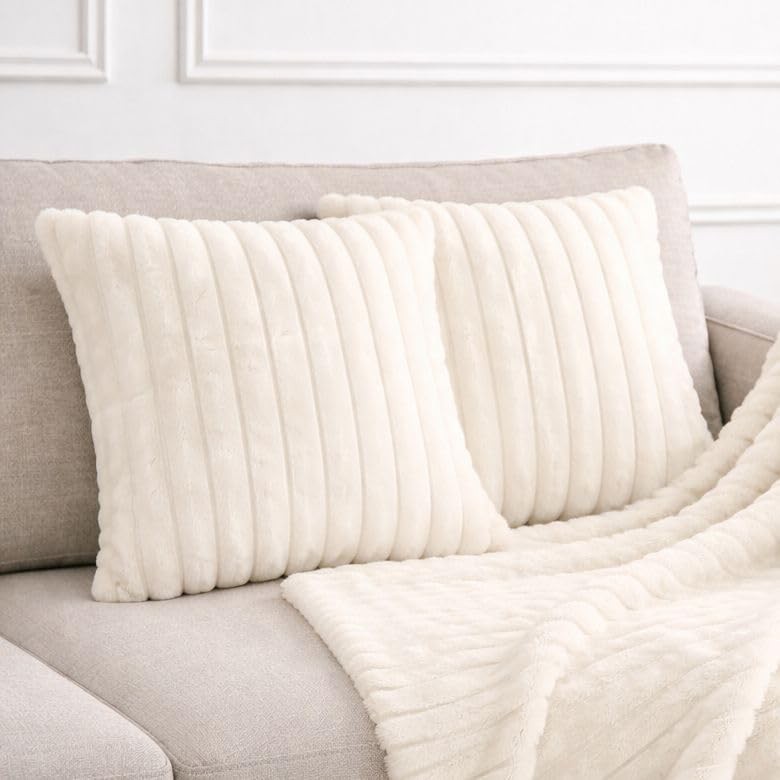 John Aird Set of 2 Ribbed Soft Faux Fur Cushion Cover โ Luxury Plush Decorative Throw Pillow for Sofa, Bed & Living Room (Ivory White, 45 x 45cm) โ image 1