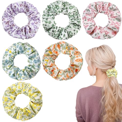 LUFFLOK 6 Piezas Florida Coleteros de Seda, Scrunchies de Satén Pelo Mujer y Chica, Coleteros para Todo Tipo de Cabello, Suave Gomas Scrunchies para Día o Noche (6 Piezas)
