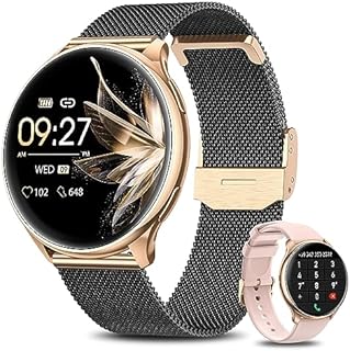 BANLVS Smartwatch Damen Telefonfunktion 1.32" Always-On-Display, IP68 Wasserdichter Armbanduhr mit Herzfrequenz/SpO2/Schlafmonitor/Menstruationszyklus Fitness Tracker für iOS Android Schwarzes Gold