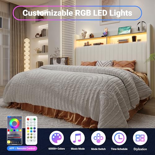 Image of Allewie Queen Size Lift Up Storage LED Bed Frame, Charging Station, Cream