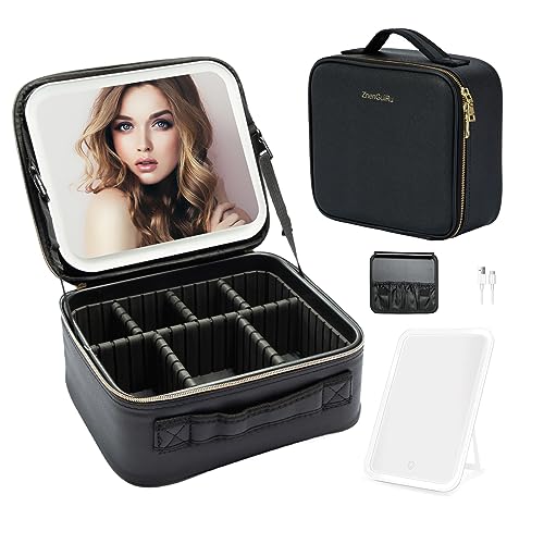 Bolsa de maquiagem de viagem com espelho de LED – Estojo de cosméticos à prova d'água com divisórias ajustáveis, organizador de maquiagem portátil e bolsa de higiene pessoal para mulheres