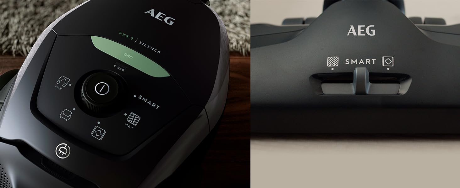 AEG Staubsauger mit Beutel, 75% Recyclingmaterial, Automatische Saugkraftregulierung, Extrem Leise auch auf Teppich, Aufnahme von Großen + Kleinsten Partikeln, Langes Kabel, 600W, Schwarz, VX82-1-ÖKO