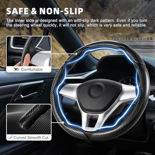 Image of Amiss 3pcs Carbon Fiber Anti-Skid Steering Wheel Cover, Waterproof Design, Universal Fit for 14-16 Inch Car Wheel Cover, Interior Car Accessories for Jeeps, SUVs, Trucks (Glossy Black)