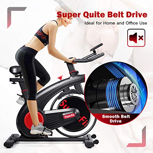 Goplus Indoor Cycling Bike, Silent Belt Drive Exercise Bike with Phone Holder, Adjustable Seat, LCD Monitor, Stationary Bicycle for Home Gym Workout