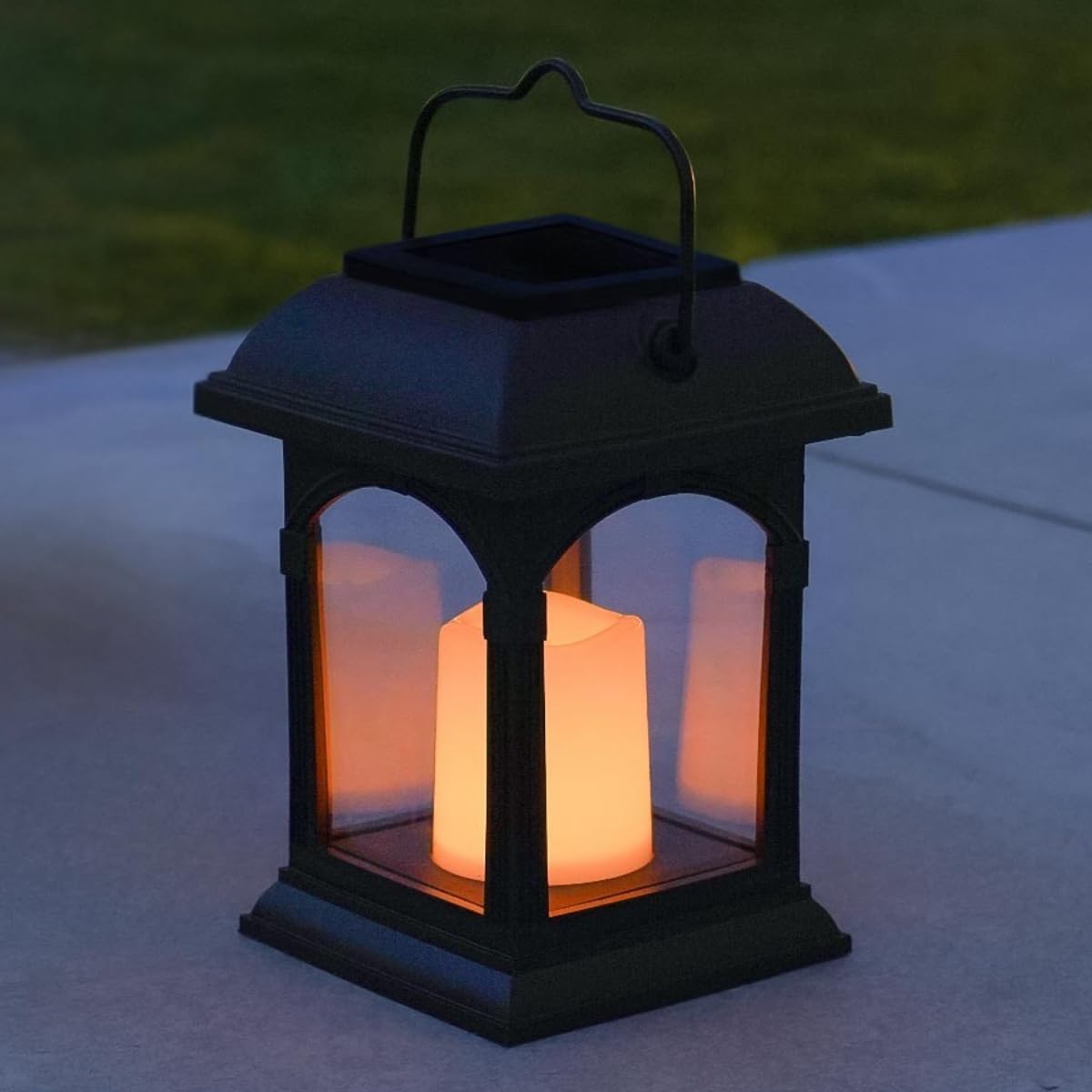 Festive Lights - 15cm Realistic Solar Power Candle Lantern – Black, Flickering Amber LED – Outdoor Hanging or Table Light – Waterproof Garden, Patio & Decking Decoration – IP44 Rated, Energy-Efficient