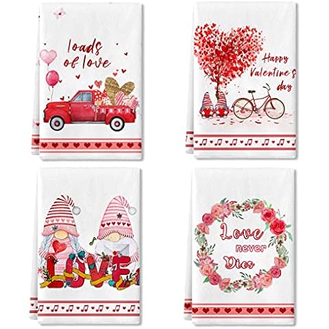 Lebsitey Valentine's Day Dish Towels, 4 Pack Hugs Heart Kisses Loads of Love Gnomes Truck Kitchen Towels, Absorbent Drying Cloth Tea Towels for Cooking Baking, 16 x 24Inch Cover