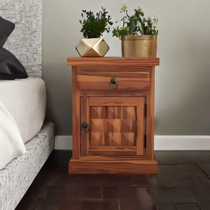 Wood Bedside Table Solid Wooden Drawer & Cabinet Storage Bed Side End Tables Night Stand Furniture for Home Living Room Bedroom | Finish- Honey Teak Finish |-image-29