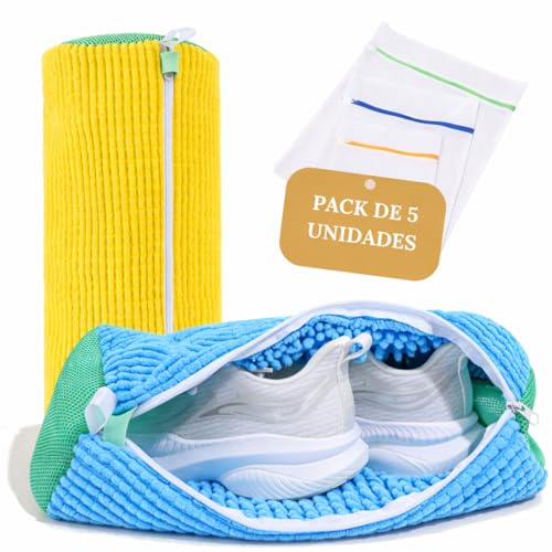 Embalagem de 5 sacos de lavagem para máquina de lavar e secar: 2 sacos para sapatilhas 360° anti-formação e 3 sacos para roupa delicada com malha reforçada e fecho de correr oculto para proteger