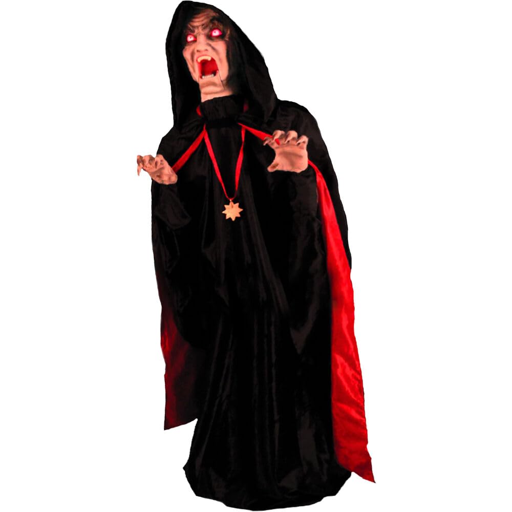 haunted hill farm motion-activated lurching vampire by tekky, lunging scare prop animatronic for indoor or covered outdoor creepy halloween decoration, plug-in or battery operated