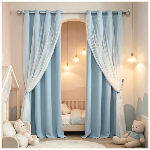 Image of Light Blue Blackout Curtains 84 inch Length - Double Layers Blue Romantic Curtains with Sheer Overlay, Window Curtains & Drapes for Kids /Girls /Boys Bedroom Living Room Nursery, 2 PCs