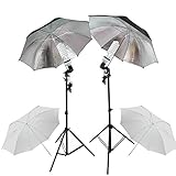 PMS Fotografia E27 Socket Umbrella Holder Luz continua Montaje Stands 2 x 5500K fotografia Light Studio Kit de soporte Paraguas 32" Blanco Negro Silver
