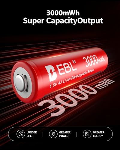 Image of EBL AA Rechargeable Lithium Batteries 12Pack, 3000mWh Double A Battery 1.5V Constant Voltage and Long-Lasting