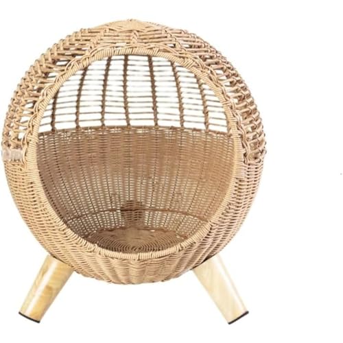 猫用ハウス兼ペットベッド 籐製夏用 取り外し可能木製脚 3 本付き 通気性・快適設計 洗えるマット + クールマット + ボール同梱 屋内屋外両用 かわいいおしゃれスタイル (3本の木製脚取り外し可能な猫ベッド+マット+クールマット+ボール,ベージュ)