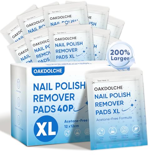 OAKDOLCHE Extra Large Nail Polish Remover Pads(1212cm) Acetone-free Nail Polish Remover Wipes Easily & Quickly Professional Individually Wrapped Wet Wipes for Home & Salon Supplies 40 PCS