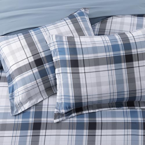 Image of MaiReve Full Size Plaid Comforter Set Lake Blue, Classic 7 Pieces Farmhouse Bedding Set, All Season Lightweight Bed in A Bag with Sheets, Pillowcases & Shams