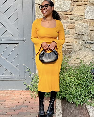 The Drop Women's Golden Yellow Square Neck Knit Dress by @bosslady_Life_Style, S