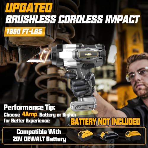 Image of Cordless Impact Wrench 3 /4 inch Compatible with Dewalt 20V Battery, 1850Ft-lbs(2500N.m) High Torque Impact Gun Heavy Duty, Brushless Electric Power Impact Driver with 4 Speed Modes & LED Work Light