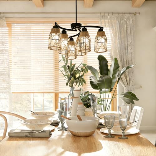Image of 1 Pack Industrial Hemp Rope Pendant Lamp Shade, Small Vintage Boho Hanging Light Shades, Mini Rustic Metal Cage Lampshade for E27 Chandelier Wall Sconces Ceiling Hanging Pendant Light Fixture