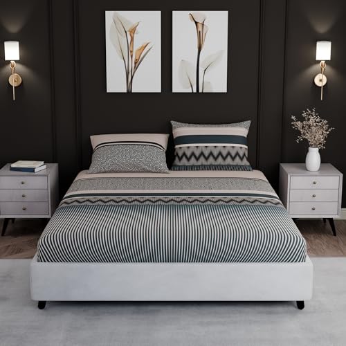 Image of BLISSHOME SoftTouch 150TC Cotton King Size Fitted Bedsheet with 2 Pillow Covers, Silky Smooth Bedding Set, Breathable, Easy Maintain, Geometric Pattern - Light Green (183cm x 198cm + 25cm Drop)