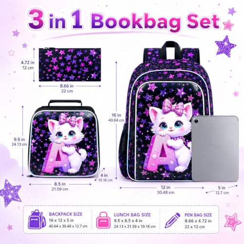 Image of CCJPX 16 inch Cat Backpack for School, 3Pcs Girls Kids Bookbag with Lunch Box, Water Resistant Elementary School Bag for Kindergarten Preschool Toddler (Black)