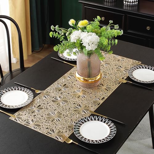 Hosoncovy Hollow Table Runner Non-slip Decorative PVC Table Mats Placemat Protective Heat Resistant Mats for Home Party Kitchen Dining Wedding Decor (91CM X 33CM) (Gold)
