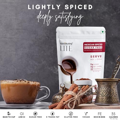 Image of COCOSUTRA SUGAR FREE Drinking Chocolate Mix - Mexican Spiced | Zero Sugar, Low Carb, Low Calorie | Stevia & Erythritol based | Keto Friendly Drink | Vegan | Enjoy hot or cold | 200 g