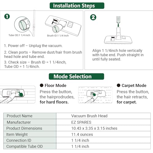 Image of EZ SPARES 1-1 /4 inch Vacuum Floor Brush,Compatible with Hoover, Eureka, Rainbow, Shop Vac, Bissell, Kenmore & Most Brands,2-in-1 Flip Brush for Hardwood & Carpet Cleaning Head,for Home, Includes Adapter