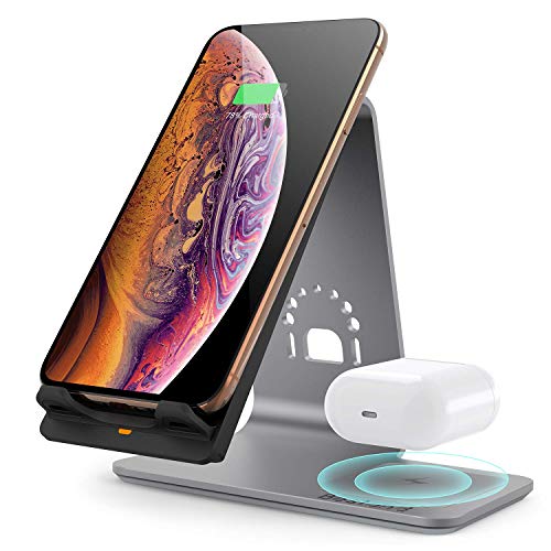 Bestand Chargeur sans Fil Qi 2 en 1 Compatible avec Airpods/iPhone X/XS/XS Max/XR/8 Plus/8/Samsung Galaxy S10/S9 H07W Gris.